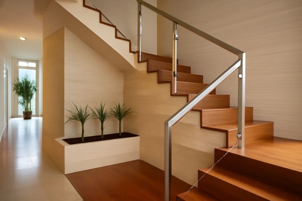 This image contains a staircase with glass railings